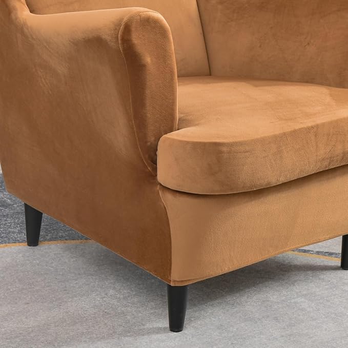 OBCREAT Wingback Chair Covers,2 Piece Stretch Velvet Wingback Chair Slipcover Soft Wing Chair Sofa Covers with Elastic Bottom,Armchair Couch Cover Furniture Protector for Living Room (Camel)