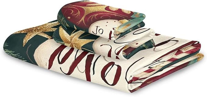 Christmas Winter Towels Set of 3 Holly Ball Ornament Joy Bathroom Towel Soft Absorbent Bath Hand Towels Washcloth Guest Towel Sets Xmas Holiday Decor