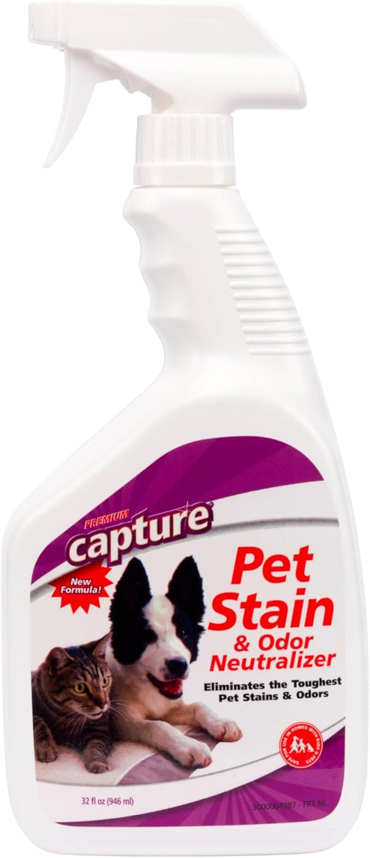 Capture Pet Stain & Odor Remover - Enzyme Pet Odor Eliminator for Home, Carpet Stain Remover for Cats & Dog Pee, Cat Urine Destroyer, Carpet Cleaner Spray - 32oz Spray Bottle