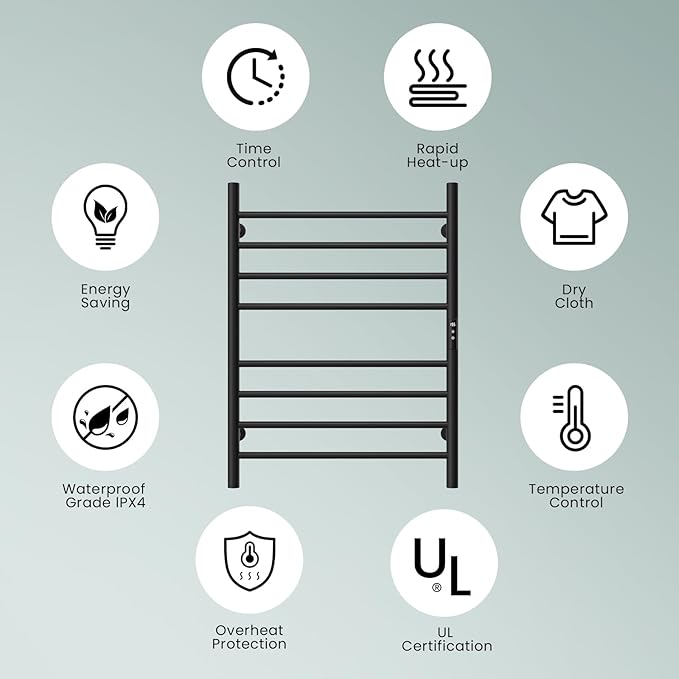 Wall Towel Warmer Rack for Bathroom - 8 bar Heated Towel Rack Timer and LED Indicator for Bathroom, Wall Mounted Electric Towel Rack, Aluminum Alloy Matte Black, Plug-in