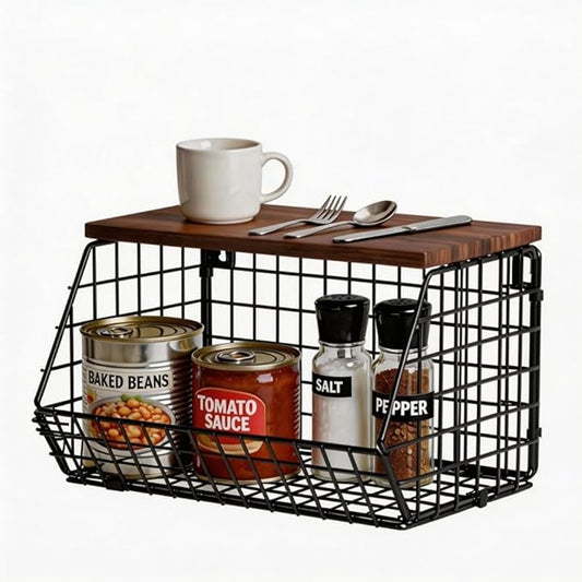 Wall Mounted Fruit Basket with Wood Lid, Hanging Kitchen Storage for Fruits, Vegetables, Potatoes, Onions | Heavy-Duty Carbon Steel & Solid Wood, Black, Space-Saving Countertop Organizer (S)