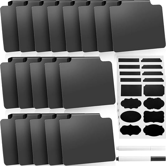 Chinco 25 Pieces Basket Labels Clips Removable Bin Tags Includes 18 Kitchen Bin Label Holders PVC Clip Basket Tags with 2 Chalk Markers and 5 Sheets Chalkboard Tags for Organization(Black Board)