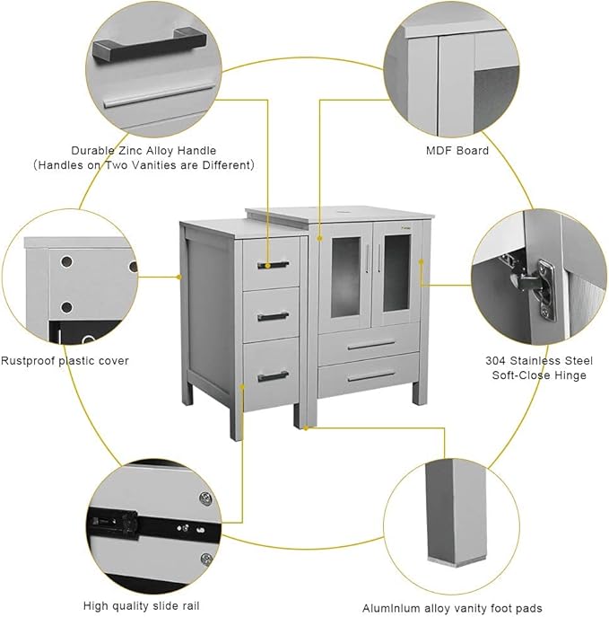 eclife 36" Modern Bathroom Vanity Sink Combo Freestanding Cabinet with Small Side Cabinet, Clear Round Glass Vessel Sink, Water Save Faucet, Drain (Gray+A16)