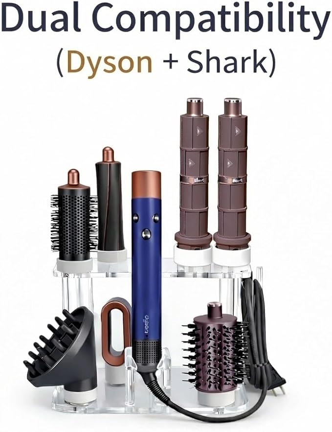 Storage Holder for Dyson Airwrap Organizer with 8 Slots, Clear Acrylic Wall Mount Or Freestanding Stand Fits Shark Hair Dryer Holder, Silicone Pads for Bathroom Vanity Countertop