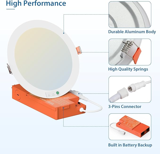 dephen 6 Inch LED Emergency Recessed Light with 90 Min Battery Backup, 5CCT 2700-5000K Ultra-Thin Round Downlight, 9W/12W/15W Tunable Commercial Ceiling Lighting