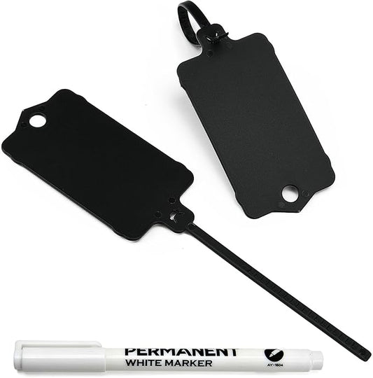 100pcs Blank Plastic Tags for Labeling Reusable Hanging Tags Ties Key Tag Storage Tag Waterproof Plastic Mark Label Writable Hang Sign with One Marker Pen (Black)