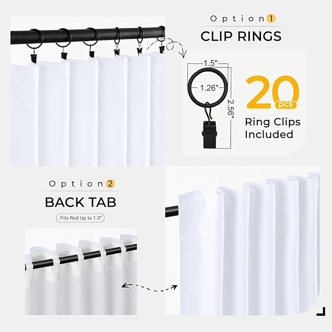 INOVADAY 100% Blackout Curtains for Bedroom, Black Out Curtains 102 Inch Long, Clip Rings Linen Blackout Drapes, Thermal Insulated Room Darkening for Living Room, 2 Panels - Brightwhite,W50xL102