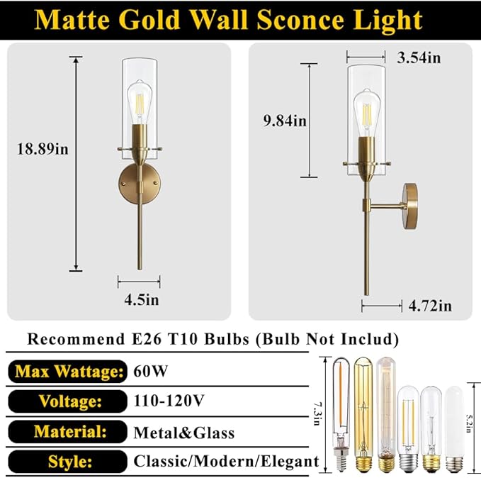 Gold Wall Sconces, Modern Wall Lights with Clear Glass Shade, Indoor Hardwired Wall Mount Light Fixtures for Living Room Bathroom, Bedroom, Hallway, 2 Pack