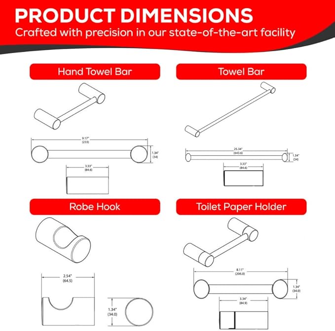 Contemporary Design 4-Piece Bathroom Hardware Accessory Set, Bathset 24 Inch Towel Bar, Hand Towel Bar, Toilet Paper Holder and Robe Hook, Rack Set Wall Mounted (Matte Black, 4 Piece Set)
