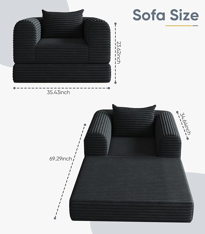 Versatile 2 In 1 Armchair Convertible Chaise Longue Small Couches Fomfy Bean Bag Chair for Small Spaces, Portable Chair Bed Comfy Floor Sofa Lounge Couch for Bedroom, Apartment, 1 Seater, Black