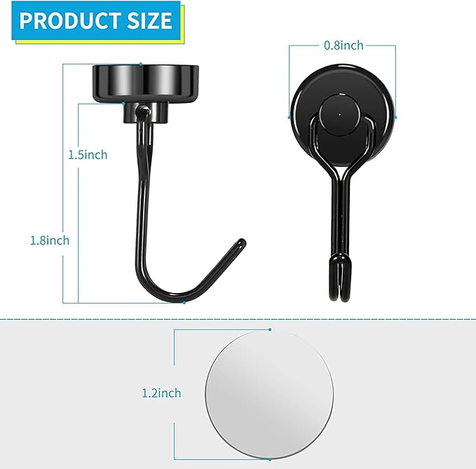 Donanim 8 Pack Magnetic Hooks, 30LBS Neodymium Strong Black Magnets Hook Heavy Duty for Indoor Outdoor Hanging, Refrigerator, Grill, Kitchen Kitchen Tools Hanging