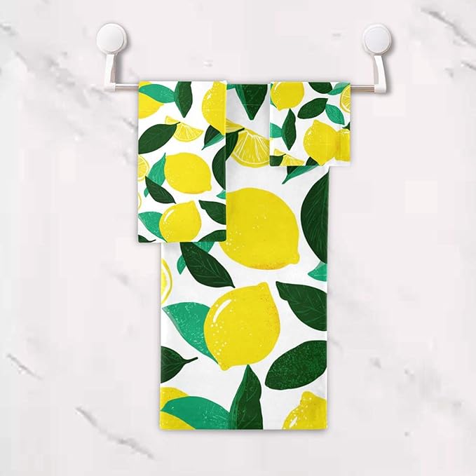 Fresh Lemon Towels Set of 3 Yellow Lemons Leaves Bathroom Towel Soft Absorbent Bath Hand Towels Washcloth Guest Towel Sets Bathroom Decorations