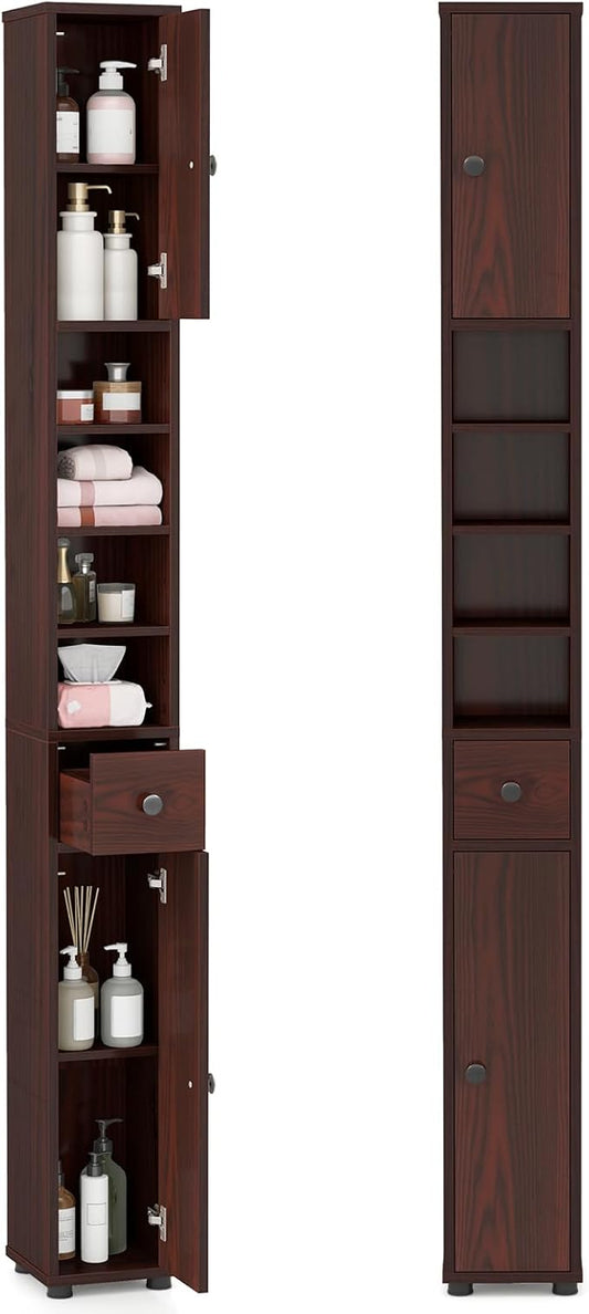 LDAILY 71”Tall Narrow Storage Cabinet, Skinny Bathroom Storage with 1 Drawer, 2 Doors, 5 Adjustable Shelves and Anti-Tipping Device, Wooden Slim Bathroom Cabinet for Office, Kitchen, Small Space