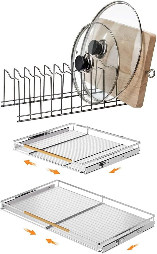 SANNO Pan Pot Lid Holder Organizer, Rack Kitchen Organizer for Plates Expandable Pull Out Drawer Organizer and Storage, Cabinet Pots Pans Organizer Sliding Shelf Under Sink Shelf