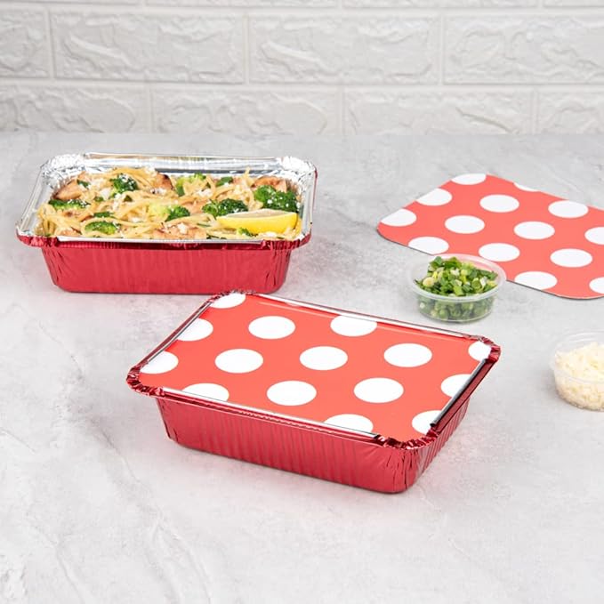 Restaurantware 16 Ounce Disposable Takeout Containers 50 Rectangle Food Containers - With Polka Dot Lids Red Takeaway Containers Aluminum Delivery Containers Freezable
