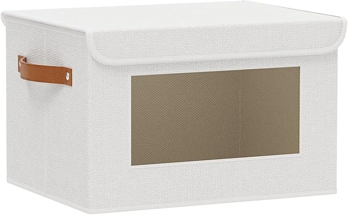 Fabric Storage Basket with Lid, 10.2 x 7.8 x 6.7 Inch Storage Box for Shelves with Handles, Decorative Linen Closet Organizer, White, 1-Pack