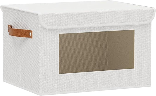 Fabric Storage Basket with Lid, 10.2 x 7.8 x 6.7 Inch Storage Box for Shelves with Handles, Decorative Linen Closet Organizer, White, 1-Pack