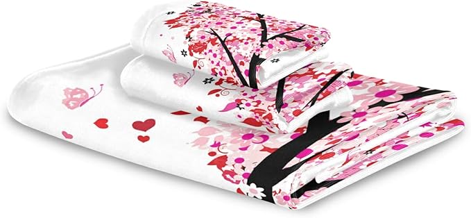 Pink Flowers Heart Tree Towels Set of 3 Romantic Love Spring Trees Butterfly Bathroom Towel Soft Absorbent Bath Hand Towels Washcloth Guest Towel Sets Mother's Valentine's Day Decorations