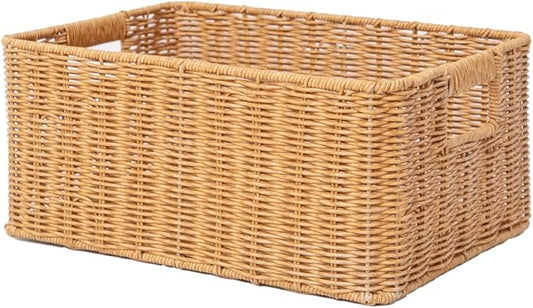 YRMT Rattan Storage Basket Pantry Basket with Built-in Handles Wicker Basket for Organizing Shelves Waterproof Woven Basket Nature (14"x10"x6.3")