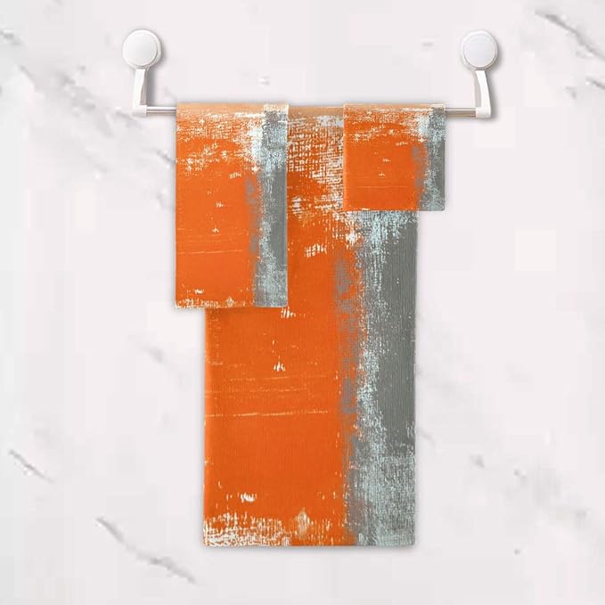 Orange Gray Ombre Bath Towels Set, 3 Piece Grey White Abstract Towels Set (1 Bath Towel, 1 Hand Towel, 1 Washcloth), Absorbent Microfiber Decorative Bathroom Towels for Fingertip, Hair, Face