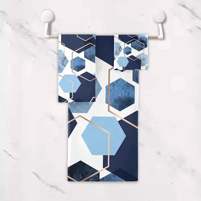 Navy Blue Geometric Bath Towels Set,Ultra Soft 3 Piece Modern Art Sky Blue Abstract Towels for Bathroom,1 Bath Towel 1 Hand Towel 1 Washcloth,Absorbent Quick Dry Decoractive Bathroom Towels