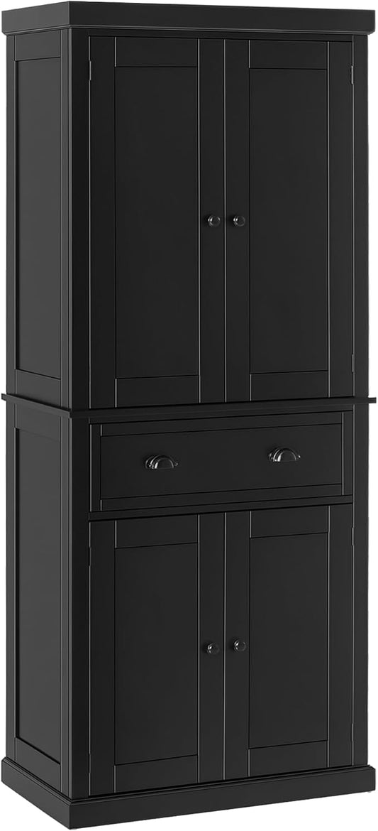 HOMCOM 72.5" Kitchen Pantry Cabinet, Traditional Freestanding Storage Cabinet with 4 Doors, Drawer and 3 Adjustable Shelves for Dining Room, Black