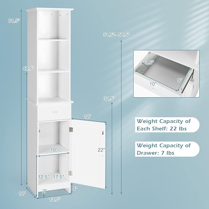 LOKO Bathroom Tall Cabinet, Modern Storage Cabinet with 2 Adjustable Shelves, Bathroom Linen Tower with 3 Open Shelves and 1 Drawer, 13.5 x 12 x 64.5, White