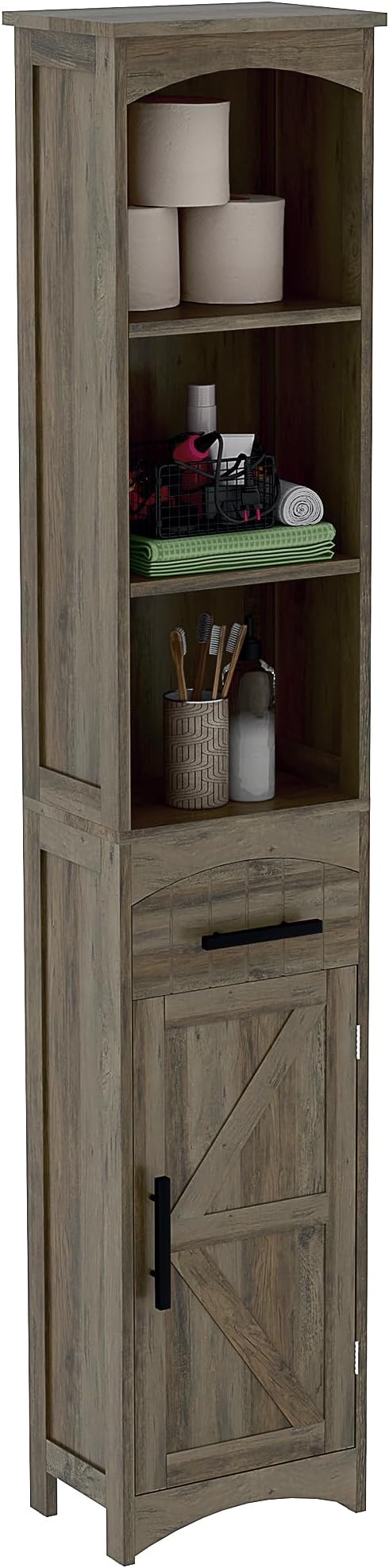 HOMCOM Tall Bathroom Storage Cabinet, Farmhouse Narrow Bathroom Storage Cabinet with Recessed Drawer and Barn Door, Linen Cabinet, Weathered Gray Oak