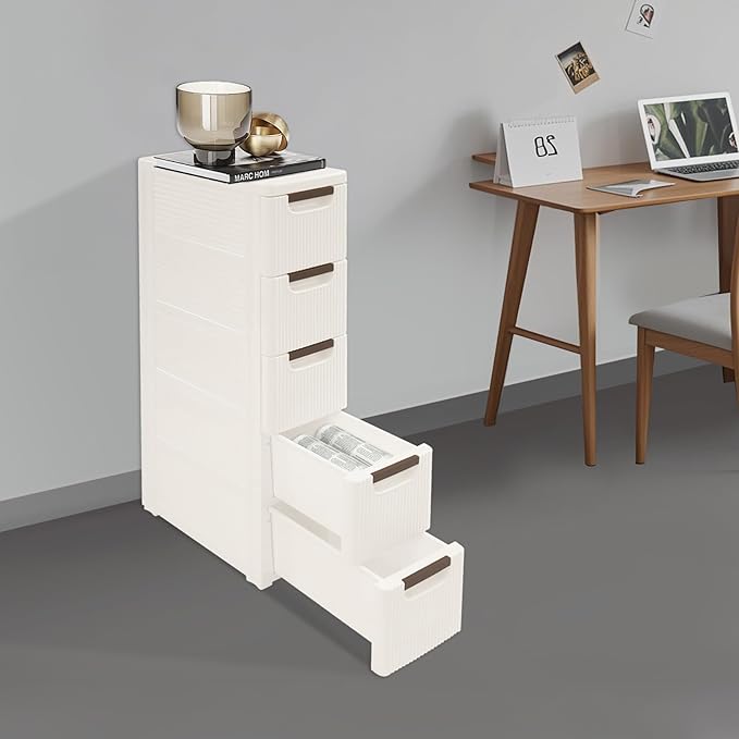 Narrow Plastic Storage Cart with 4 Drawers, Slim Rolling Organizer on Wheels, Mobile Utility Cart for Bathroom, Kitchen, Laundry Room, Bedroom & Office (5-Tier)