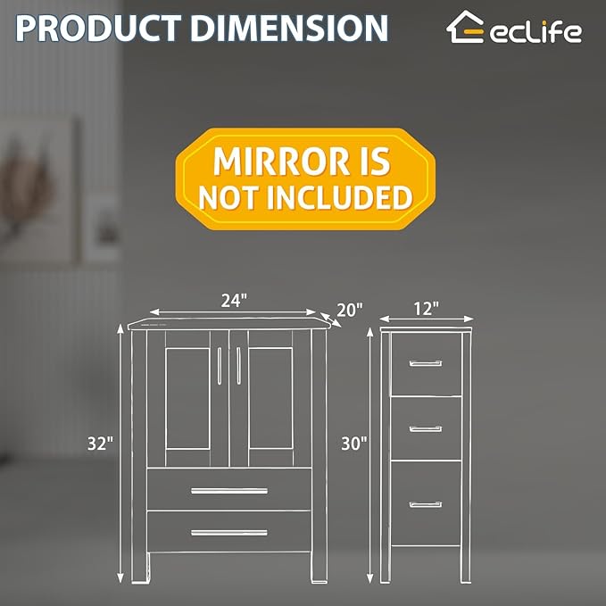 eclife 24" Modern Bathroom Vanity Sink Combo Freestanding Cabinet with Soft Closing Door, Without Vessel Sink, Faucet, Drain (White Vanity Only)