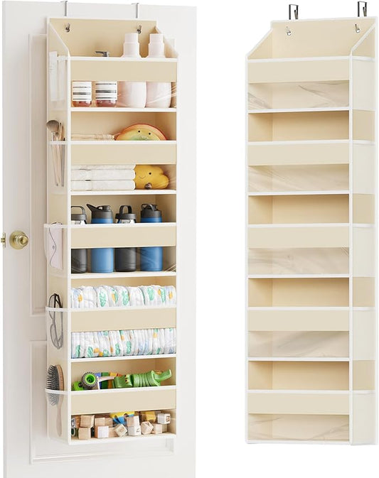 1 Pack Over The Door Organizer with 5 Large Pockets and 10 Mesh Side Pockets, 5 Layers Door Organizer Hanging with Clear Window for Bedroom, Bathroom, Pantry and Nursery, Beige