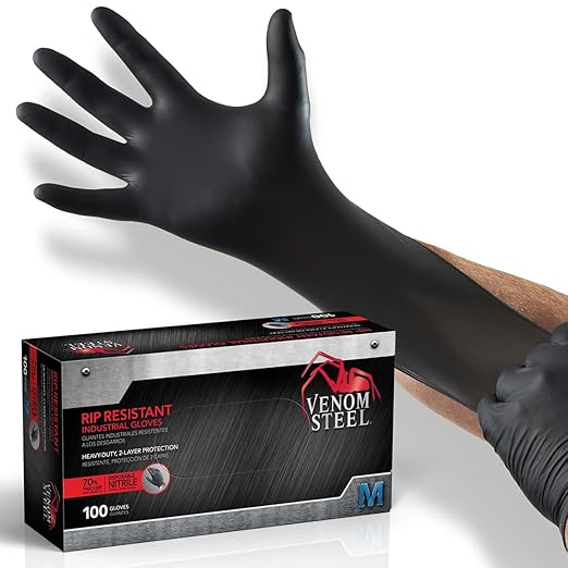 Venom Steel Industrial Nitrile Gloves,Chemical Resistant Disposable Black Gloves,Latex-Free,Powder-Free,Textured Grip,Heavy Duty Two-Layer Protection,6 mil,Medium,(Pack of 1000)