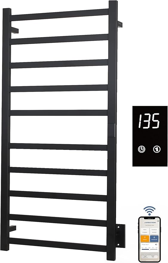 Smart Wireless Electric Towel Warmer | Blade Thin 10 Bar Design | Hardwired & Plug-in | Alexa & Google Home Compatible | Matte Black Finish
