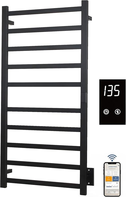 Smart Wireless Electric Towel Warmer | Blade Thin 10 Bar Design | Hardwired & Plug-in | Alexa & Google Home Compatible | Matte Black Finish