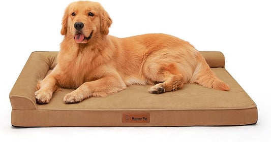 Orthopedic Dog Beds Large Sized Dog, Memory Foam Pet Bed for Large Dogs, Removable and Washable Microsuede Cover, TPU Waterproof Liner, Nonskid Bottom, 44x32x6 Inches, Khaki