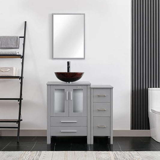 eclife 36" Modern Bathroom Vanity Sink Combo Freestanding Cabinet with Small Side Cabinet, Brown Round Glass Vessel Sink, Water Save Faucet, Drain (Gray+A09)