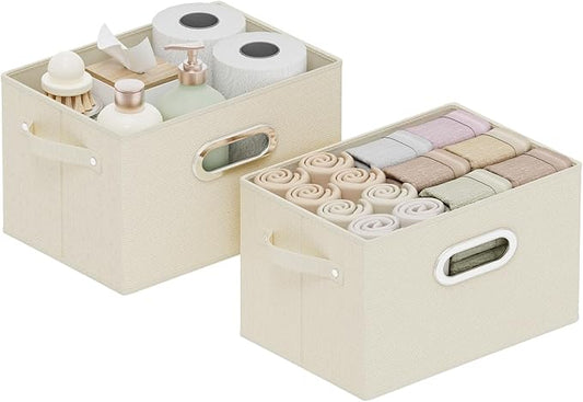 Foldable Cloth Basket with 4 Handles, Decorative Open Storage Boxes, Stackable Cube Organization, Fabric Bins for Shelves, Closet, Living Room, 10.2x7.9x6.7in, Beige, 2 Pack