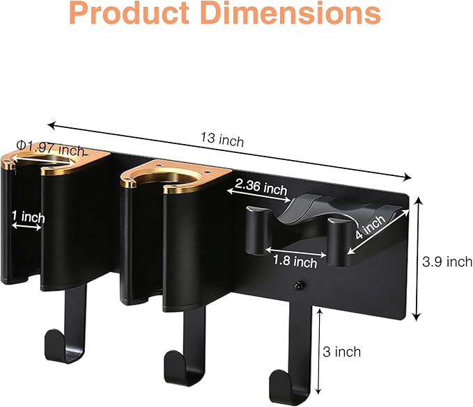 Hair Tool Organizer Wall Mount, Hair Dryer Curling iron Organizer, Flat Iron Straightener Holder, Aluminum Alloy & ABS plastic, Black and Gold (Not Including Hair Tools)