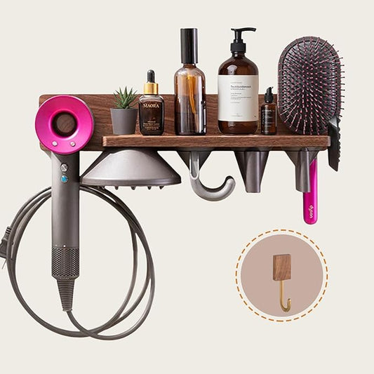 for Dyson Supersonic Hair Dryer Wall Mount Holder Stand- 5 Hole Magnetic Walnut Storage Rack for Blow Dryer & Attachments (nail-free model