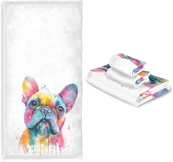 French Bulldog Puppy Towels Set of 3 Watercolor Dog Colorful Art Bathroom Towel Soft Absorbent Bath Hand Towels Washcloth Guest Towel Sets Bathroom Decorations