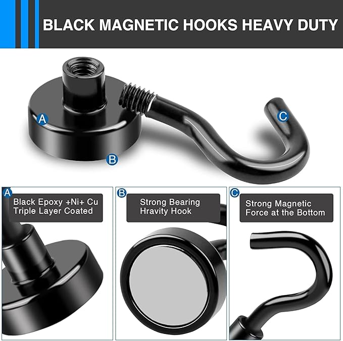 LOVIMAG Magnetic Hooks,30Lbs Strong Neodymium Magnetic Hooks Cruise Essentials,Black Magnet Hooks for Classroom Must Haves,Office Accessories,Garage Door,Fridge,Kitchen,Hanging,Grill-25 Pack
