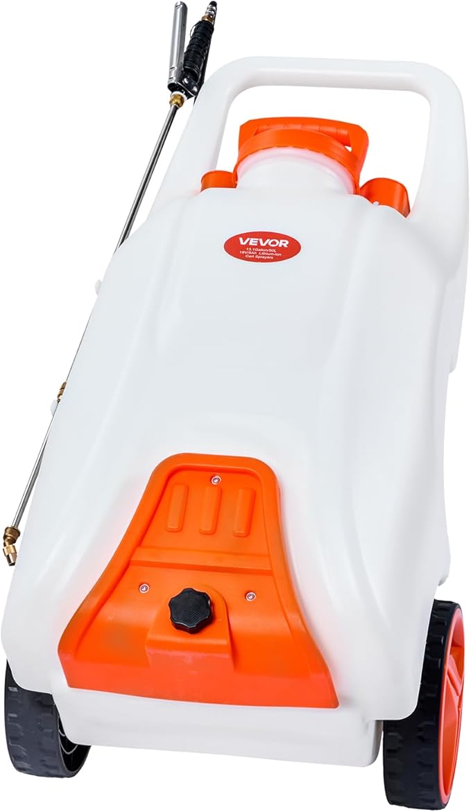 13.1 Gallon Battery Powered Sprayer with Wheels, Adjustable 0-80 PSI, 5 Nozzles and 98ft Hose Included, Orange