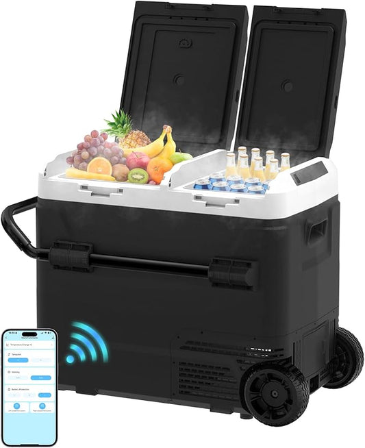 AS 12 Volt Refrigerator, 63QT(60L) Dual Temperature Zone Electric Cooler with Wheels, Portable Freezer 12V/24V DC 110-240V AC, -4℉-68℉ Car Fridge for Car, Marine, Home, Outdoor, etc