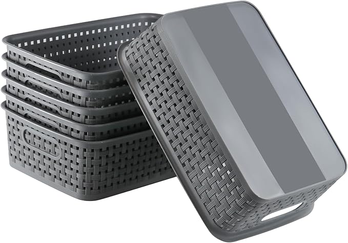 Plastic Storage Baskets - 6 Pack, Gray, Woven Storage Organizer Basket Small Stackable Plastic Weave Baskets, 10.6 x 7.2 x 3.1 inches