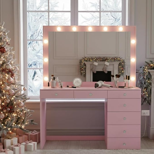 Boahaus Serena Modern Pink Makeup Vanity Desk with Mirror Lights, Power Outlet with USB Ports, Glass Top, Jewelry Divider, 7 Drawers, and Crystal Knobs for Bedroom