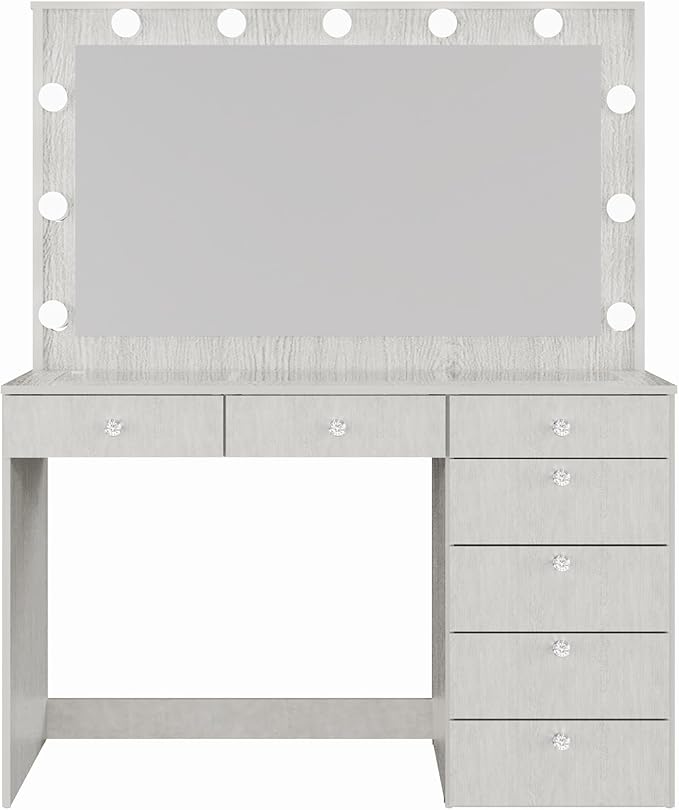 Boahaus Serena White Makeup Vanity with Mirror and 11 Lights, 7 Drawers, Glass Top, Crystal Knobs, USB-A & USB-C Ports, 110V Power Outlet, Bedroom Vanity Desk (Grey)
