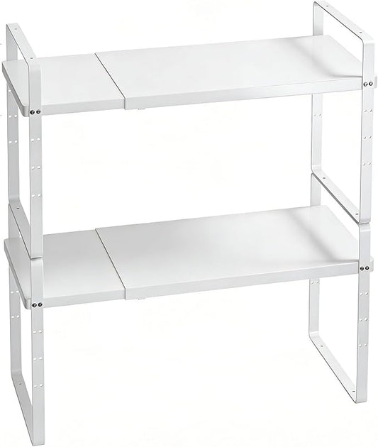 Expandable Cabinet Shelf Organizer, Stackable Kitchen Pantry Counter Storage, Adjustable Closet Cupboard Stand Rack Risers Spice Organization 80LBS Heavy Duty White Large 2 Pack