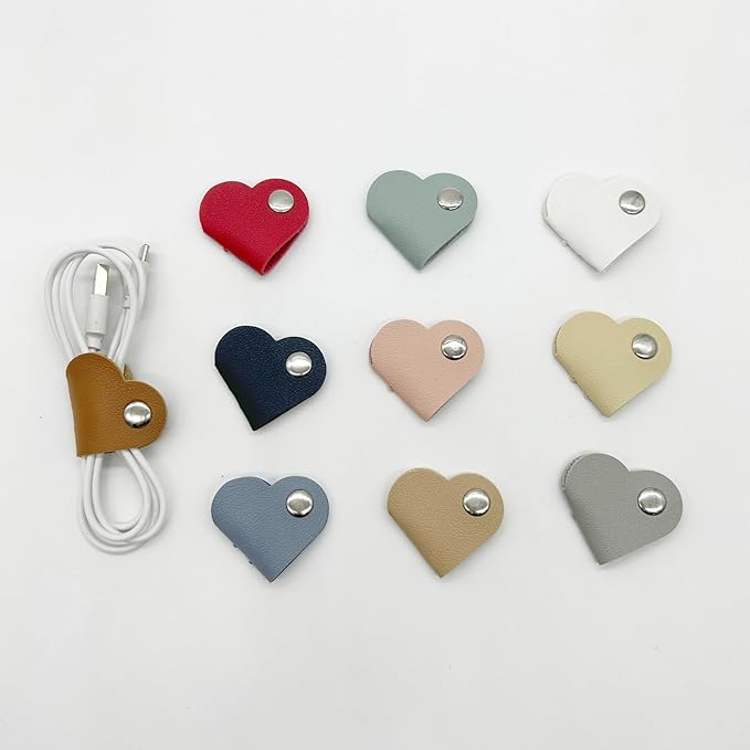 20 Pcs Heart Cord Organizer, PU Leather Cable Straps, Portable Cable Straps for Headphone, Cute Earphones Winder for Travel, School, Office (10 Colors)