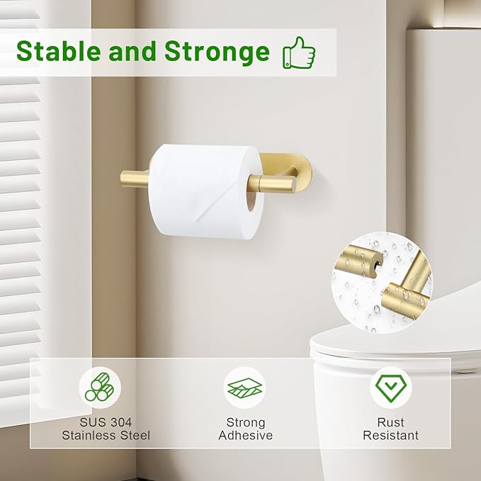 2 Pieces Self Adhesive Brushed Gold Toilet Paper Holder, Commercial Toilet Paper Dispenser Toilet Roll Holder, Double Base Paper Towel Holder Wall Mount No Drilling for Bathroom, Kitchen