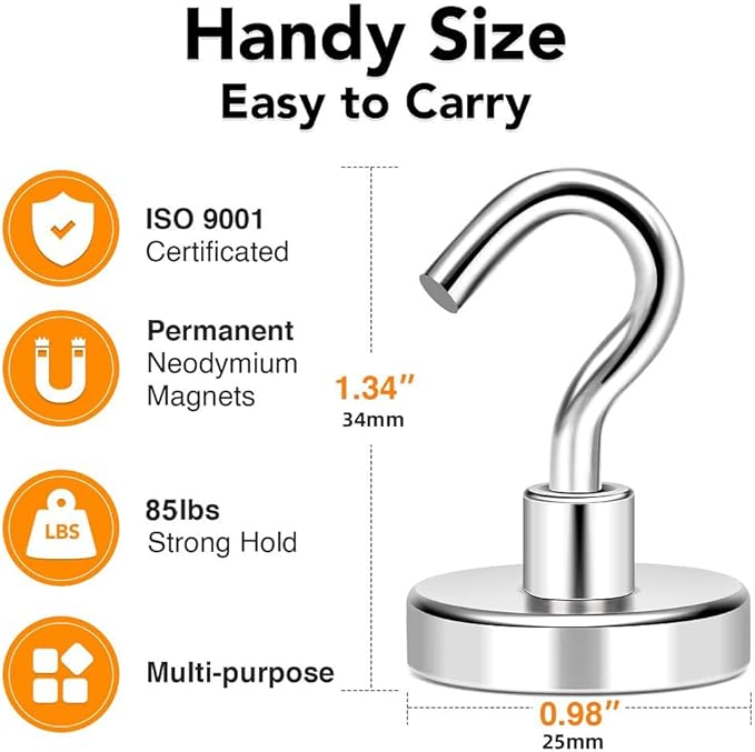 MIKEDE Magnetic Hooks, 85LB+ Heavy Duty Magnetic Hooks Cruise with Epoxy Coating for Refrigerator, Strong Magnet Hooks for Tool Room, Magnetic Metal Hooks for Grill - 8 Pack